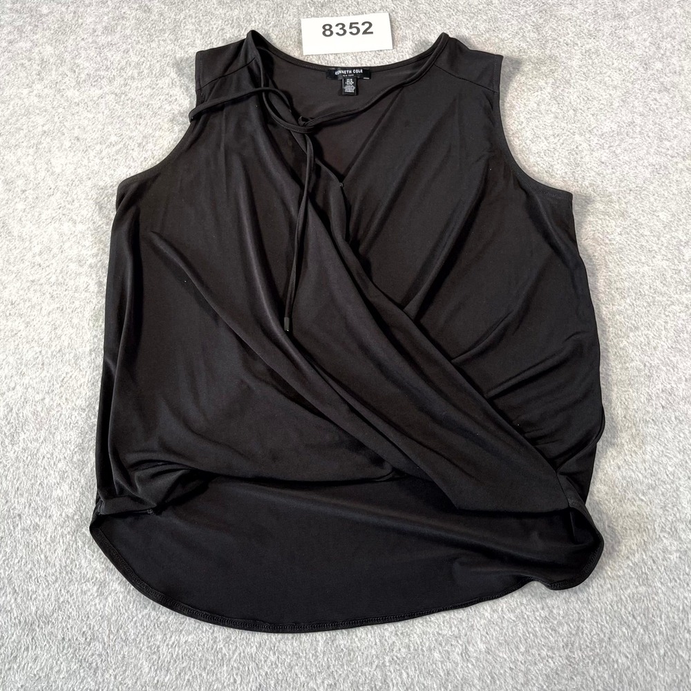 Kenneth Cole Blouse Top Womens Medium Black Stretch Wrap Front V Neck Casual